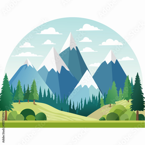 Vibrant cartoon illustration of a serene mountain landscape with snow-capped peaks, lush green forests, and rolling hills under a cloudy sky