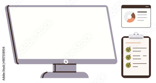 Blank desktop monitor beside analytics chart in a browser window and clipboard with checked tasks. Ideal for productivity, organization, analytics, project management, task tracking, work efficiency