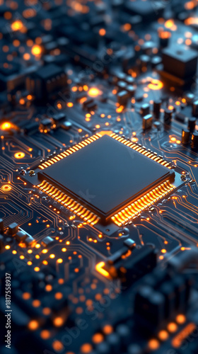 Close-up of a computer CPU chip with blank surface highlighting modern electronic and digital technology, microprocessor design, and futuristic computing concept perfect for tech visuals