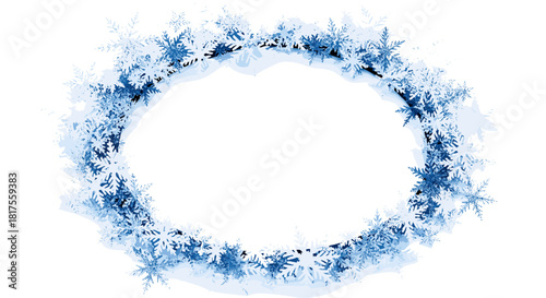A circular frame decorated with blue snowflakes on a white background creating a wintery design element