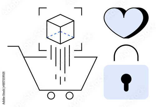 Shopping cart with a digital 3D model, heart symbol for customer loyalty, and lock for secure transactions. Ideal for online shopping, technology, e-commerce, trust, security, loyalty