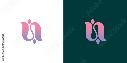Stylish initial N logo design concept with a vibrant pink and purple color gradient, featuring elegant leaf-like flourishes on light and dark backgrounds