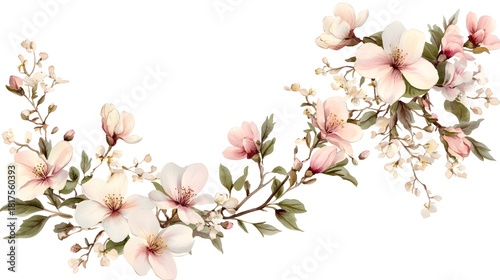 Elegant pastel floral arrangement composed of blooming branches depicted in a delicate watercolor style
