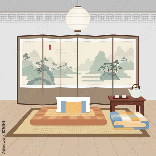A Serene Traditional Korean Room with Tatami Mat and Scenic Folding Screen