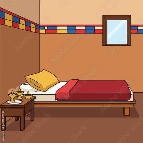 An Illustration of a Simple and Quaint Bedroom with Antique Lighting