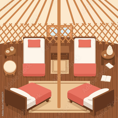Cozy yurt interior design with wooden furniture and twin beds arrangement