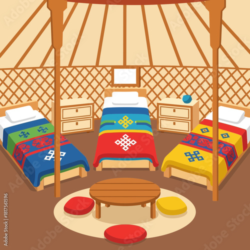 Cozy Yurt Interior Featuring Beds and Furniture in Flat Vector Style