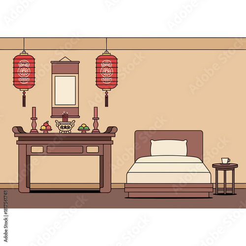 Interior illustration showcasing asian altar, bed, and bedside table in minimal style