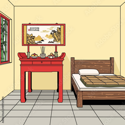 Serene Bedroom Interior with Ancestral Altar and Traditional Decor Elements