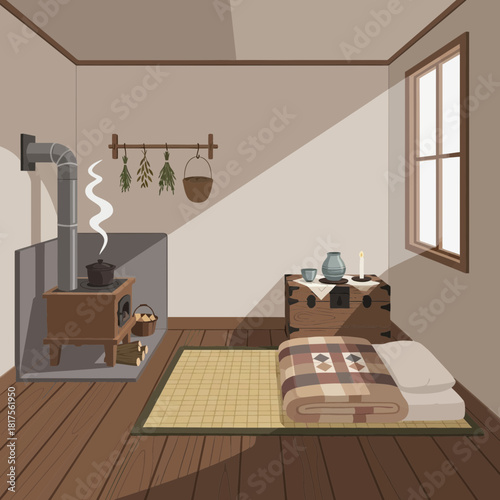 Serene interior of a traditional Japanese room with cozy and rustic ambiance