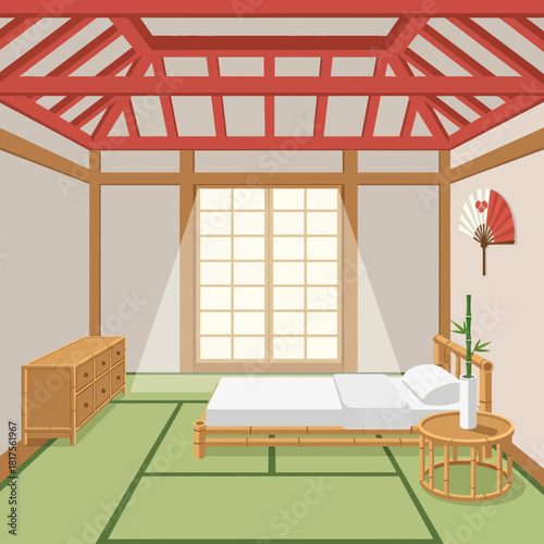 Serene Japanese Interior Design with Traditional Tatami Mat and Paper Window
