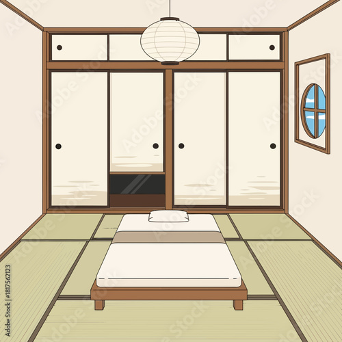 Tranquil japanese interior featuring minimalist futon and sliding doors design