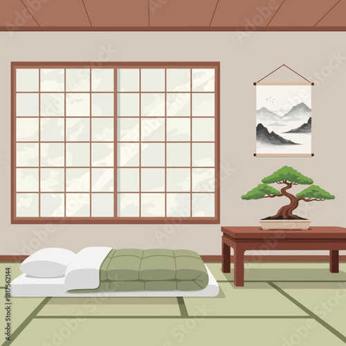 Tranquil japanese room interior with tatami, futon and bonsai tree