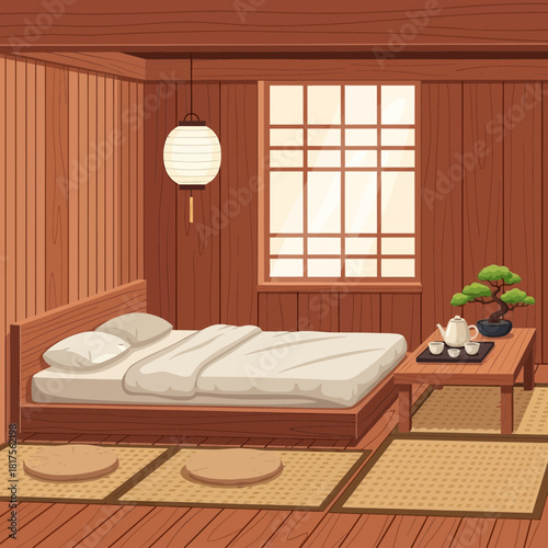 Tranquil Japanese Style Room with Bed, Tea Set, and Bonsai Decoration