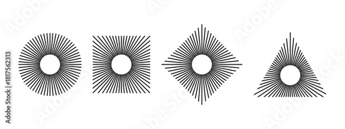 Straight radial lines in round, square and triangular shapes. Set of sun rays signs. Radiance, spin, explosion or firework symbols isolated on white background. Vector graphic illustration.