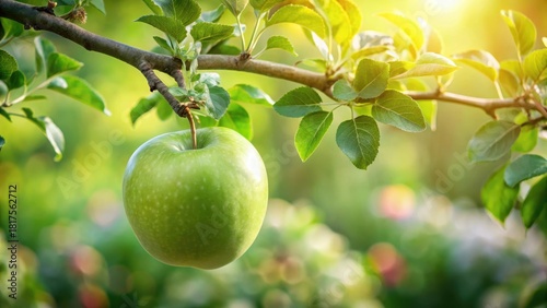 A ripe Granny Smith apple hangs from a lush green branch on a mature apple tree in full bloom
