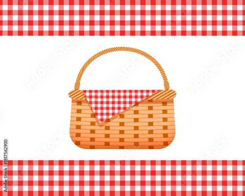 Empty wicker picnic basket with napkin and borders with red checkered gingham texture of napkin. Handmade woven willow hamper isolated on white background. Vector cartoon illustration.