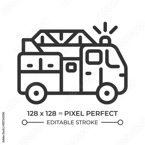 Fire truck pixel perfect line icon. Emergency response, flame hazard. Fire department, public safety. Isolated vector illustration. Outline symbol. Simple linear drawing. Editable stroke