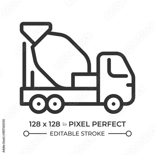 Concrete mixer truck pixel perfect line icon. Heavy machinery, construction logistics. Transportation industry. Isolated vector illustration. Outline symbol. Simple linear drawing. Editable stroke