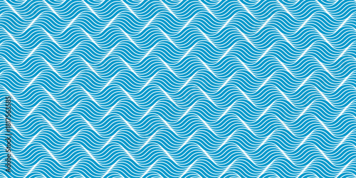Blue and white waves background. Ocean, sea or river water print. Ripple pattern. Aqua texture. Maritime ornament. Summer wallpaper. Swimming pool or aquarium liquid pattern. Vector flat illustration.