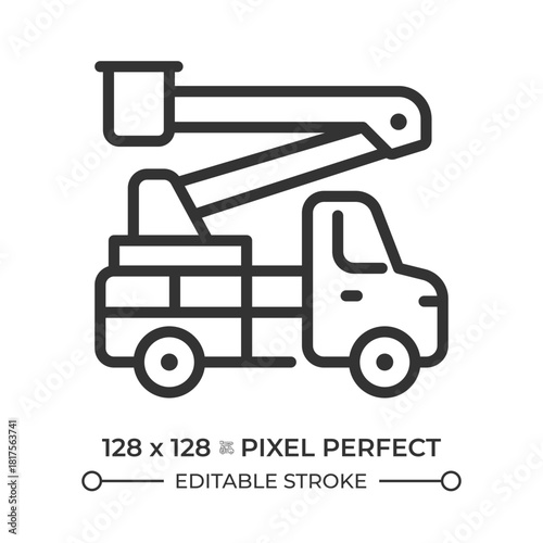 Bucket truck pixel perfect line icon. Utility service truck. Hydraulic pole. Aerial lift, construction transport. Isolated vector illustration. Outline symbol. Simple linear drawing. Editable stroke