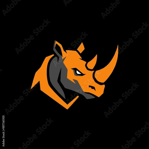 Orange and gray rhino head logo with a determined expression on a black background.