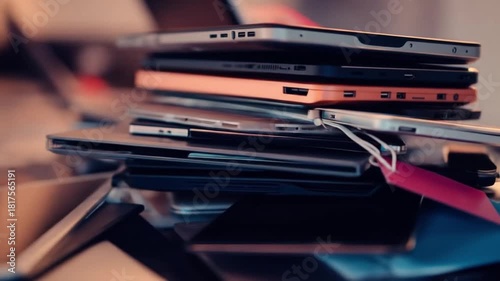 Pile of Old Laptops and Tablets with Pink Tag, Discarded Technology