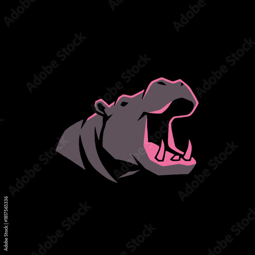 Stylized graphic illustration of a hippopotamus with its mouth wide open, showing pink interior and teeth, on a black background.