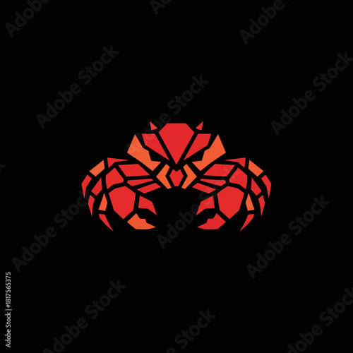 Geometric illustration of a crab with a fierce expression, rendered in shades of red.