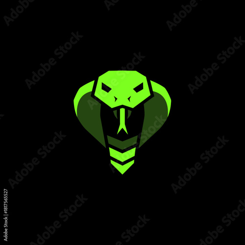 A modern, stylized graphic of a green cobra head logo set against a solid black background.