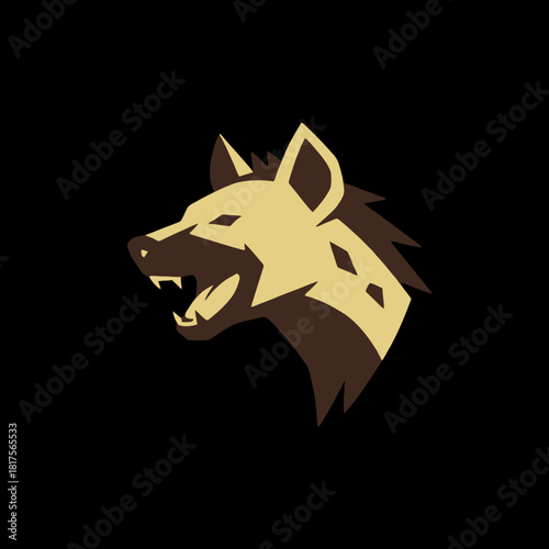 Stylized graphic illustration of a hyena's head in profile, featuring sharp lines and a fierce expression on a black background.