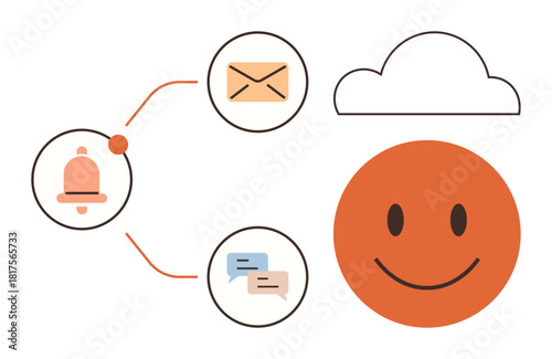 Cloud concept linking email, notifications, and messages to a smiling face. Ideal for digital communication, teamwork, collaboration, success, notifications UX and workflow. Simple flat metaphor
