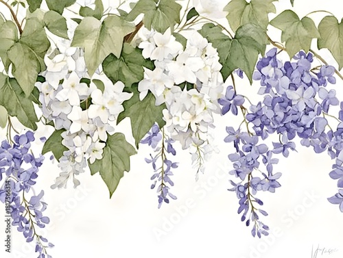 Beautiful watercolor painting showcases cascading white and purple blossoms with lush green foliage