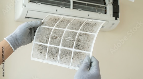 Hands wearing gray gloves remove a very dirty air conditioner filter clogged with dust and debris from an indoor cooling unit cleaning maintenance home appliance ventilation air quality