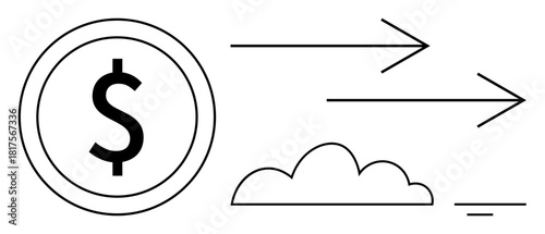Financial transactions. Dollar symbol with dynamic arrows indicating the flow of monetary systems and cloud computing. Financial transactions in online banking, fintech, cryptocurrency, virtual