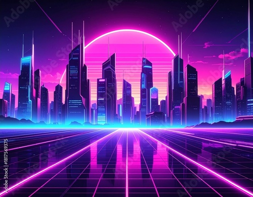 Immerse yourself in the mesmerizing world of city synthwave design! Step into a retro 