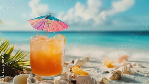 Refreshing tropical cocktail on sandy beach with seashells and ocean backdrop