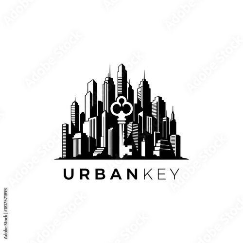 Urban Key Logo - Cityscape with Key Silhouette.