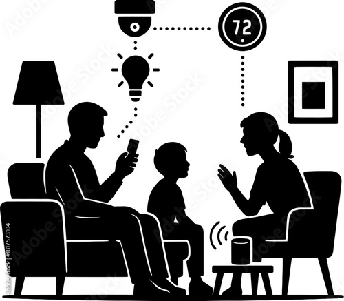 Family enjoys smart home automation with connected devices for comfort and security indoors