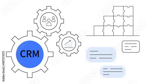 CRM concept. CRM with gear icons, analytics chart, and puzzle pieces for customer management. CRM optimizing business communication and workflow. For sales, business growth, marketing, team