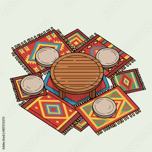 Whimsical dining setup on colorful geometric patterned carpets arrangement