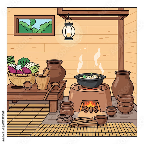 Charming traditional kitchen scene, evokes warmth, and culinary heritage