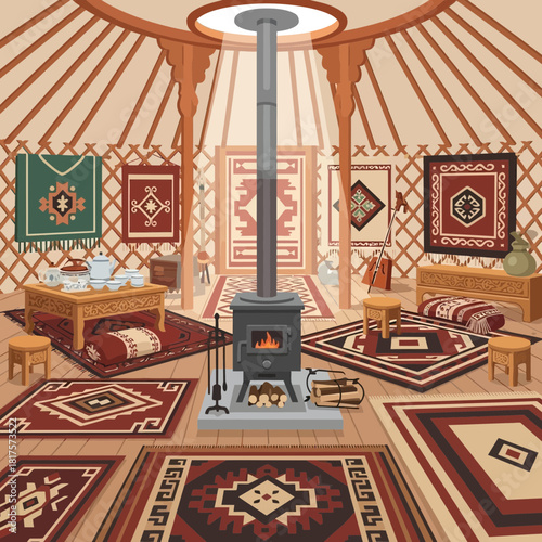 Cozy yurt interior with traditional decor and warm fireplace illustration
