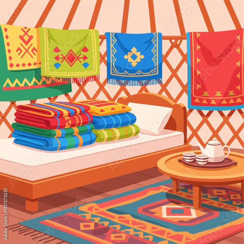 Cozy yurt interior with traditional textiles, bed, and tea set ready to be enjoyed