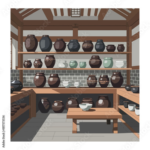 Earthenware vessel array on wooden shelves, interior of a traditional pottery workshop