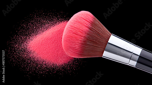 Makeup brush with bright pink synthetic bristles flicking a cloud of pink powder against a solid black background.