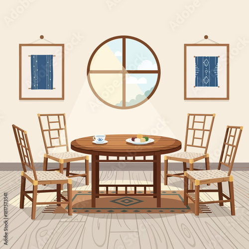 Illustration of a charming dining room scene with round table and treats