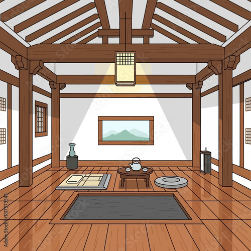 Illustration of a serene Japanese interior with traditional design elements
