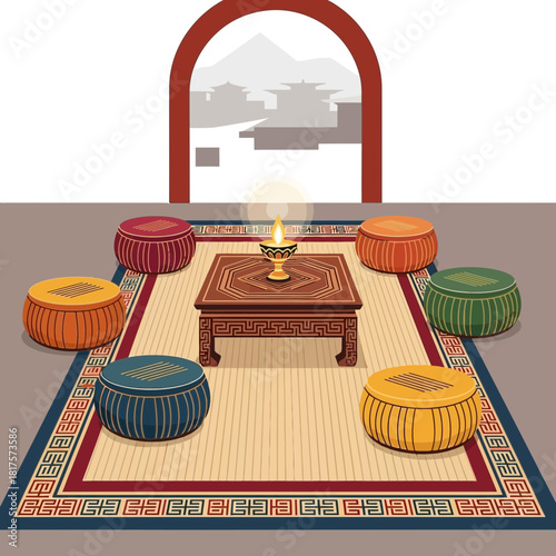 Illustrative Meditation Setting with Cushions, Table, and Mountain Vista