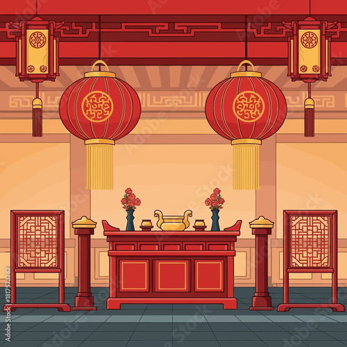 Ornate depiction of a traditional oriental temple interior design illustration